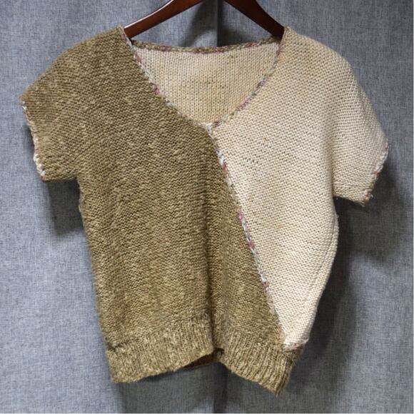 Handmade Sweaters - Handmade Two-Tone Knit Short Sleeve Sweater Top